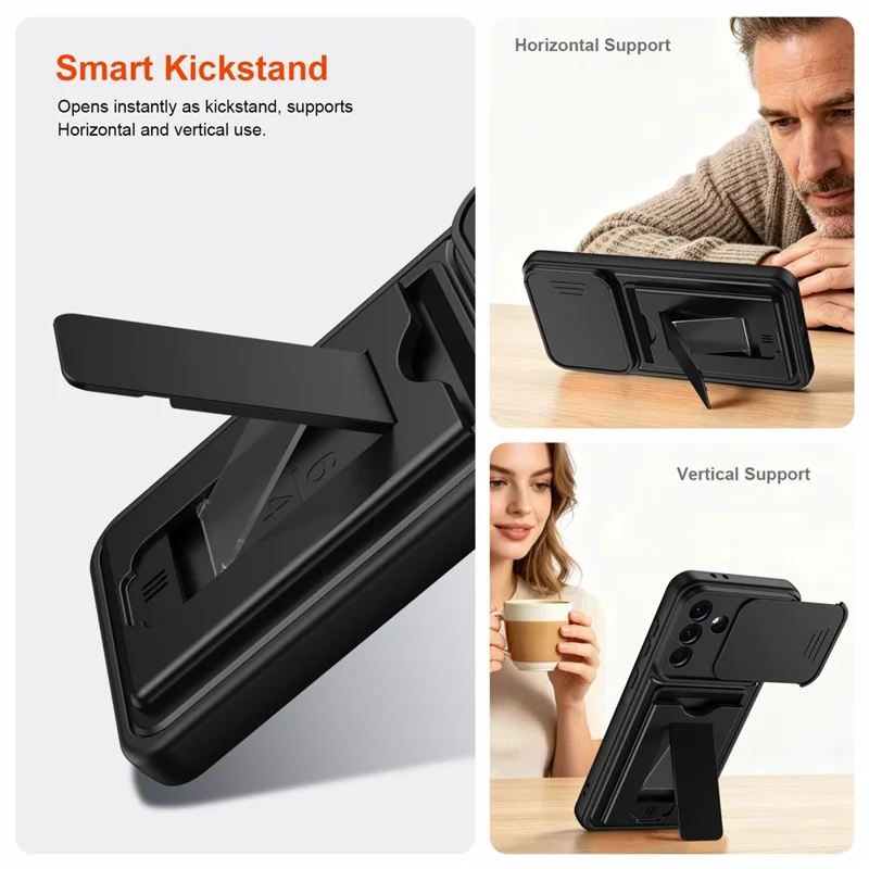 For Samsung Galaxy A26 5G Case Slide Camera Cover Kickstand PC + TPU Phone Shell with Card Holder - Black