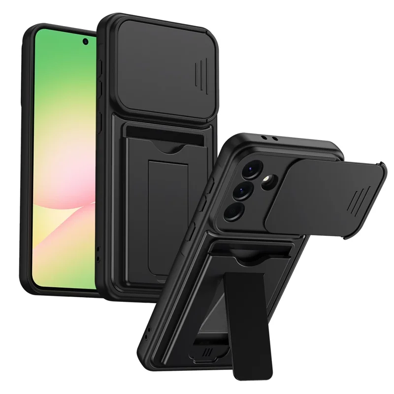 Чехол для Samsung Galaxy A36 5G с выдвижной крышкой камеры, подставкой, картхолдером из PC + TPU - Черный