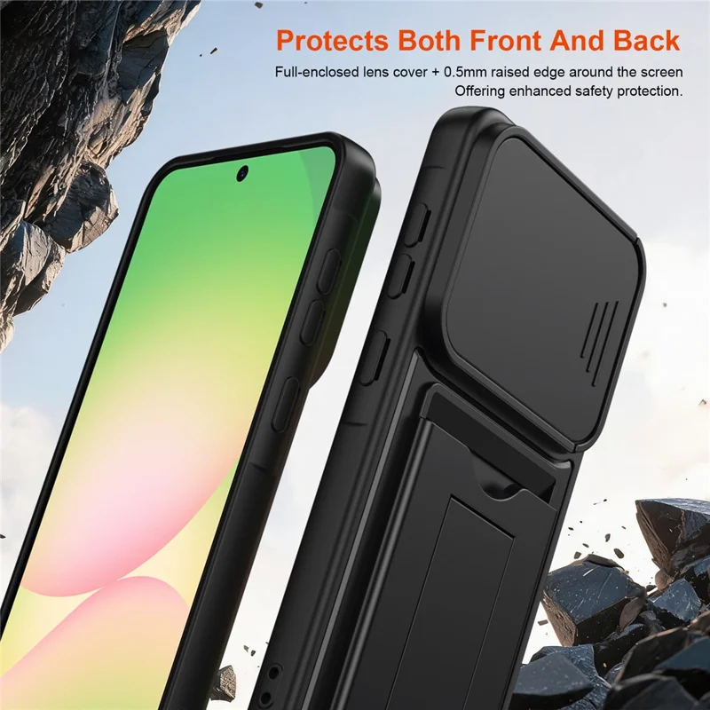 Чехол для Samsung Galaxy A36 5G с выдвижной крышкой камеры, подставкой, картхолдером из PC + TPU - Черный
