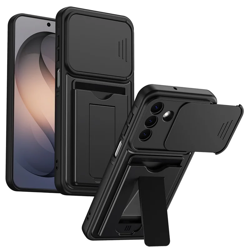 For Samsung Galaxy S26 Case Slide Camera Cover Kickstand PC + TPU Phone Shell with Card Holder - Black