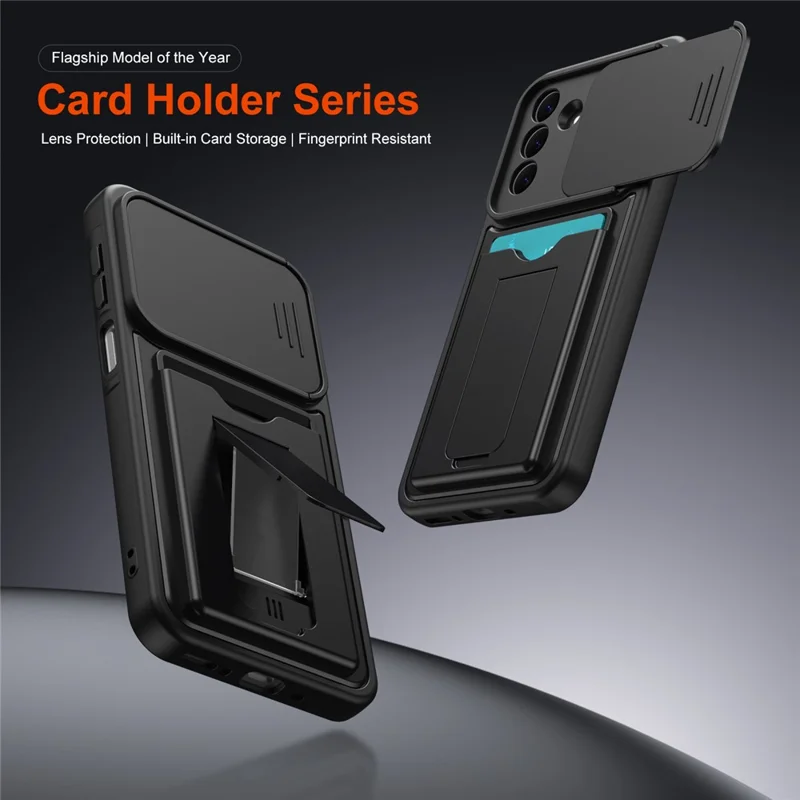 For Samsung Galaxy S26 Case Slide Camera Cover Kickstand PC + TPU Phone Shell with Card Holder - Black