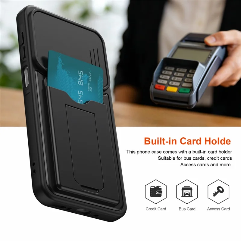 For Samsung Galaxy S26 Case Slide Camera Cover Kickstand PC + TPU Phone Shell with Card Holder - Black