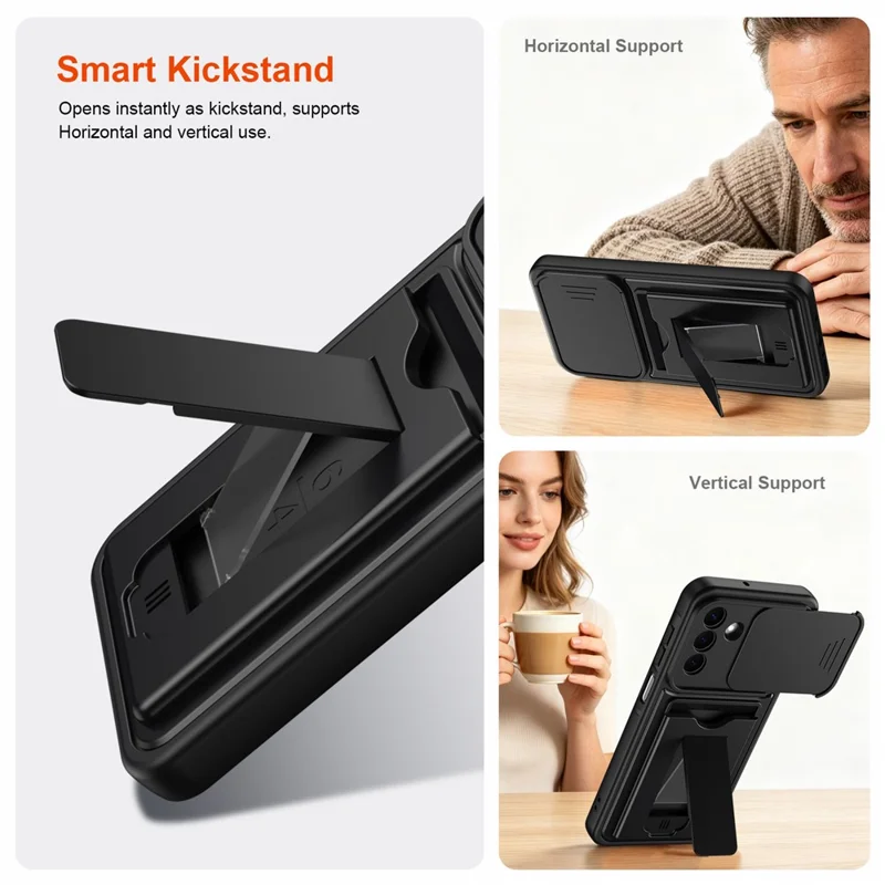 For Samsung Galaxy S26 Case Slide Camera Cover Kickstand PC + TPU Phone Shell with Card Holder - Black