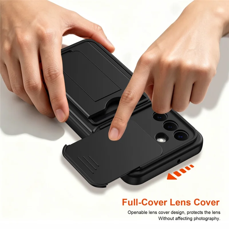 For Samsung Galaxy S26 Case Slide Camera Cover Kickstand PC + TPU Phone Shell with Card Holder - Black