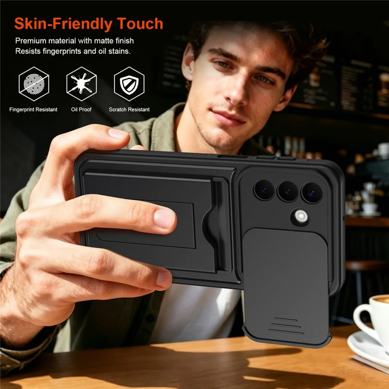 For Samsung Galaxy S26 Case Slide Camera Cover Kickstand PC + TPU Phone Shell with Card Holder - Black