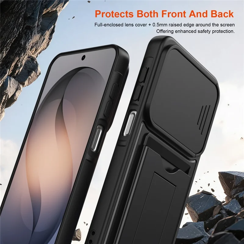 For Samsung Galaxy S26 Case Slide Camera Cover Kickstand PC + TPU Phone Shell with Card Holder - Black
