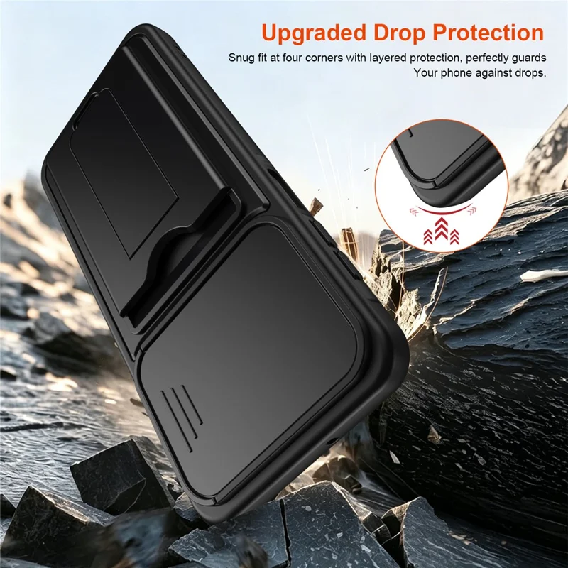 For Samsung Galaxy S26 Case Slide Camera Cover Kickstand PC + TPU Phone Shell with Card Holder - Black