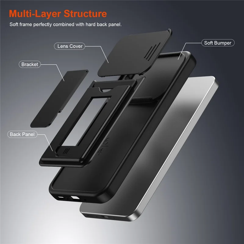 For Samsung Galaxy S26 Case Slide Camera Cover Kickstand PC + TPU Phone Shell with Card Holder - Black