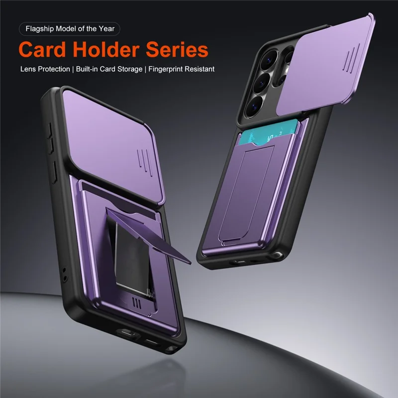 For Samsung Galaxy S26 Ultra Case Slide Camera Cover Kickstand PC + TPU Phone Shell with Card Holder - Purple - 2