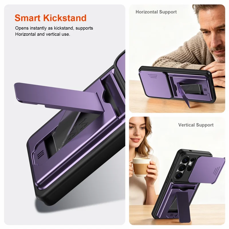 For Samsung Galaxy S26 Ultra Case Slide Camera Cover Kickstand PC + TPU Phone Shell with Card Holder - Purple - 4