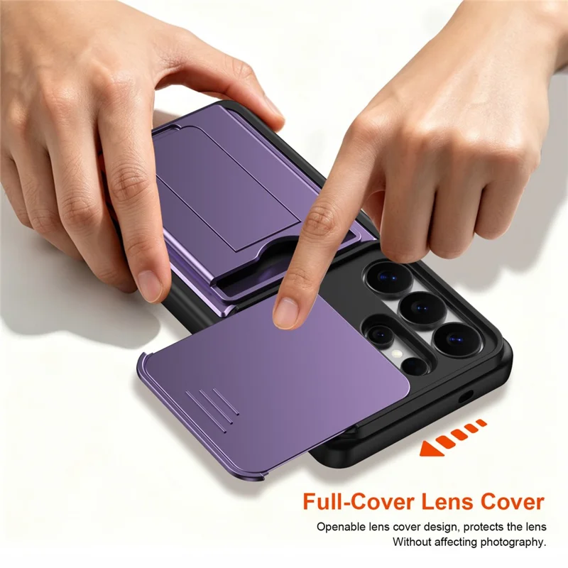 For Samsung Galaxy S26 Ultra Case Slide Camera Cover Kickstand PC + TPU Phone Shell with Card Holder - Purple - 5