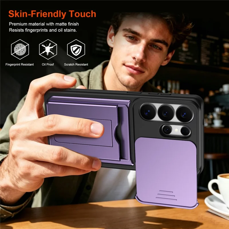 For Samsung Galaxy S26 Ultra Case Slide Camera Cover Kickstand PC + TPU Phone Shell with Card Holder - Purple - 6