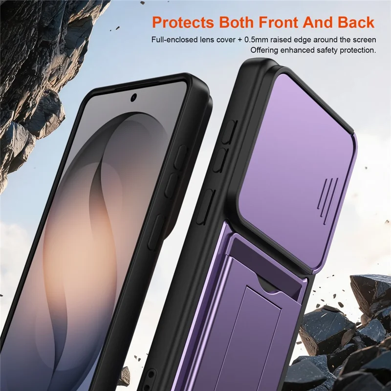 For Samsung Galaxy S26 Ultra Case Slide Camera Cover Kickstand PC + TPU Phone Shell with Card Holder - Purple - 7