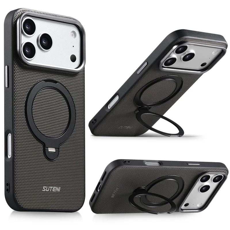 SUTENI G7 for iPhone 17 Pro Max Magnetic Case Rotating Kickstand Triangle Texture Leather + TPU Phone Cover - Grey