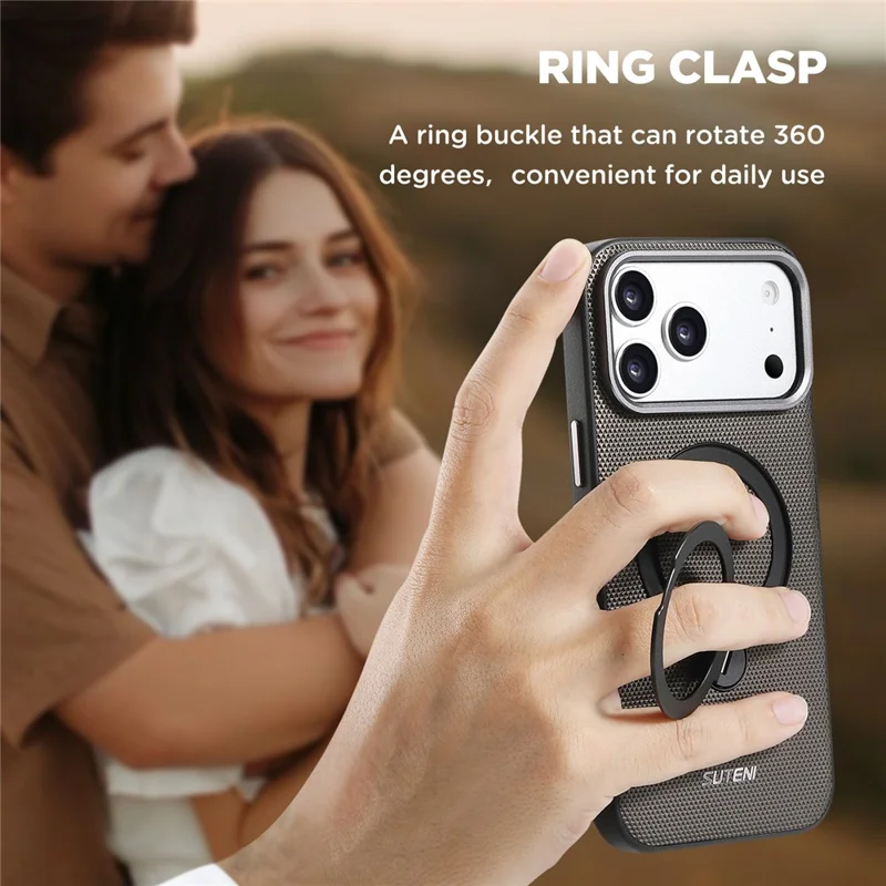 SUTENI G7 for iPhone 17 Pro Max Magnetic Case Rotating Kickstand Triangle Texture Leather + TPU Phone Cover - Grey