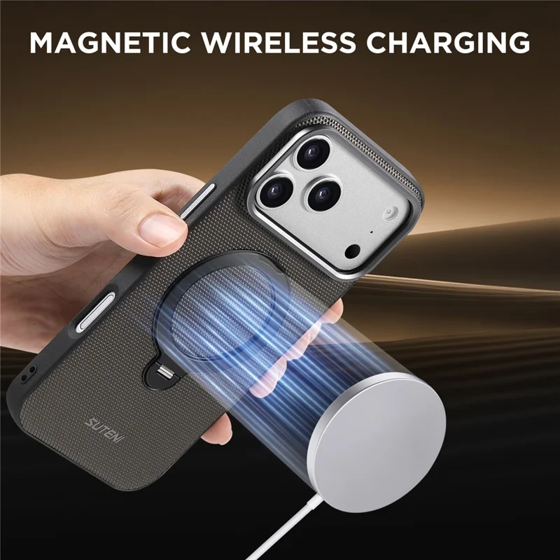 SUTENI G7 for iPhone 17 Pro Max Magnetic Case Rotating Kickstand Triangle Texture Leather + TPU Phone Cover - Grey