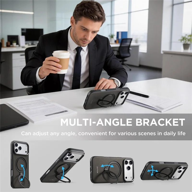 SUTENI G7 for iPhone 17 Pro Max Magnetic Case Rotating Kickstand Triangle Texture Leather + TPU Phone Cover - Grey
