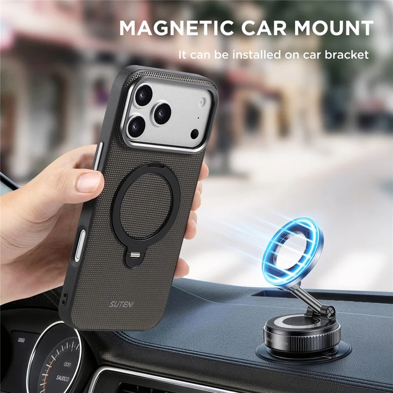 SUTENI G7 for iPhone 17 Pro Max Magnetic Case Rotating Kickstand Triangle Texture Leather + TPU Phone Cover - Grey