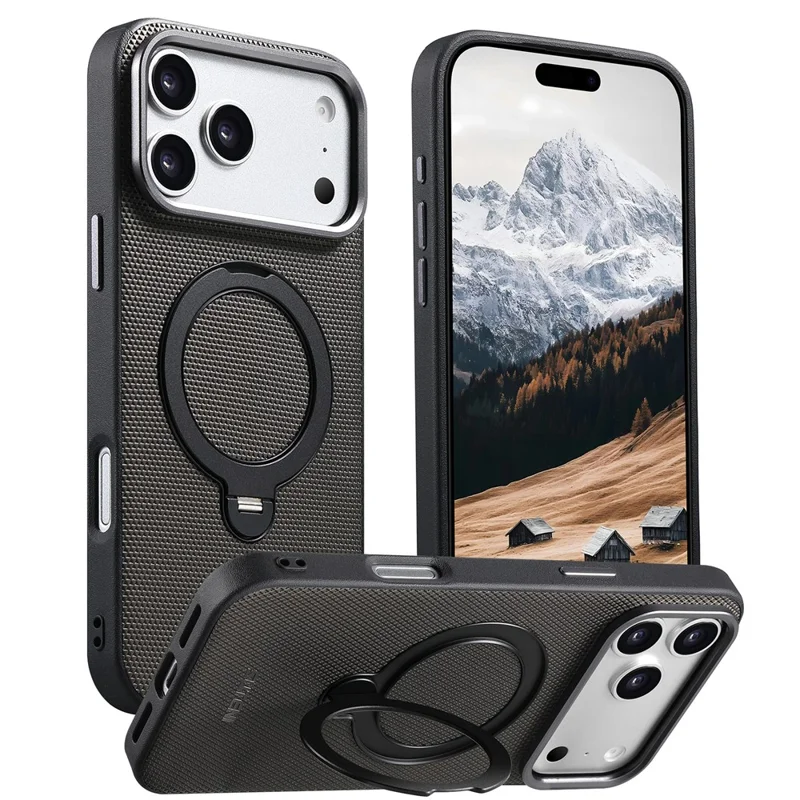 SUTENI G7 for iPhone 17 Pro Max Magnetic Case Rotating Kickstand Triangle Texture Leather + TPU Phone Cover - Grey
