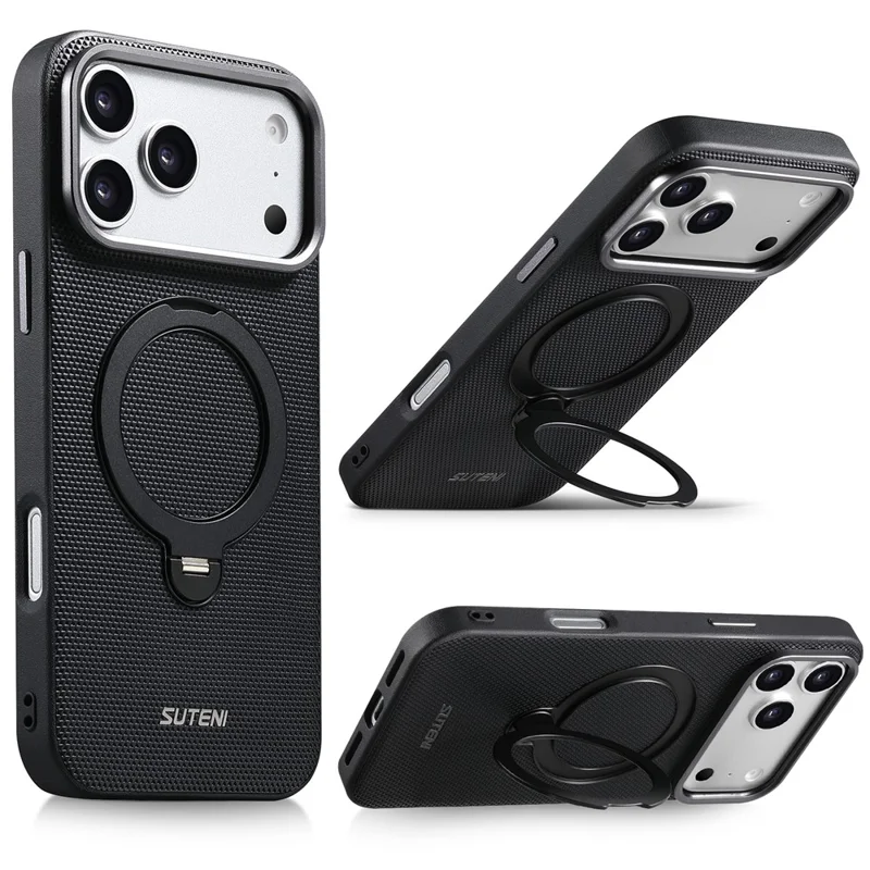 SUTENI G7 for iPhone 17 Pro Magnetic Case Rotating Kickstand Triangle Texture Leather + TPU Phone Cover - Black
