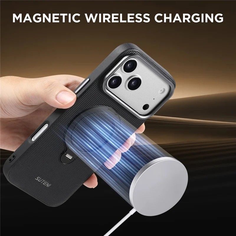SUTENI G7 for iPhone 17 Pro Magnetic Case Rotating Kickstand Triangle Texture Leather + TPU Phone Cover - Black