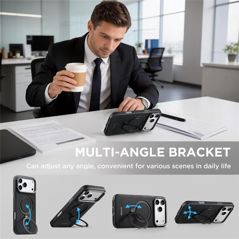 SUTENI G7 for iPhone 17 Pro Magnetic Case Rotating Kickstand Triangle Texture Leather + TPU Phone Cover - Black