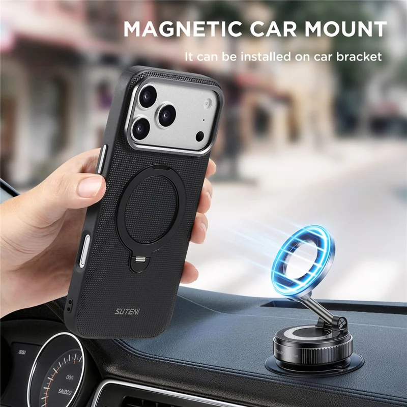 SUTENI G7 for iPhone 17 Pro Magnetic Case Rotating Kickstand Triangle Texture Leather + TPU Phone Cover - Black