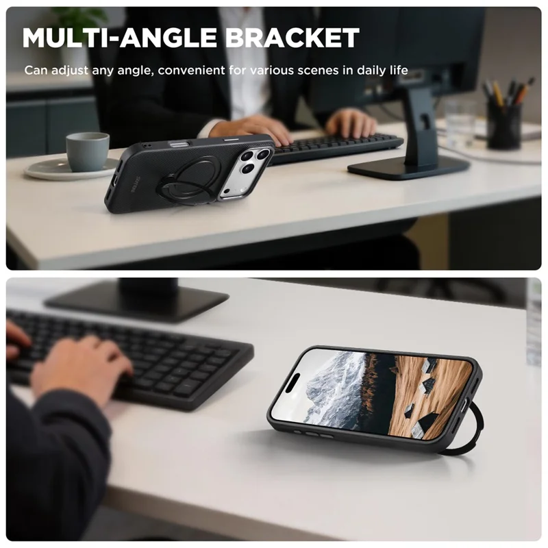SUTENI G7 for iPhone 17 Pro Magnetic Case Rotating Kickstand Triangle Texture Leather + TPU Phone Cover - Black