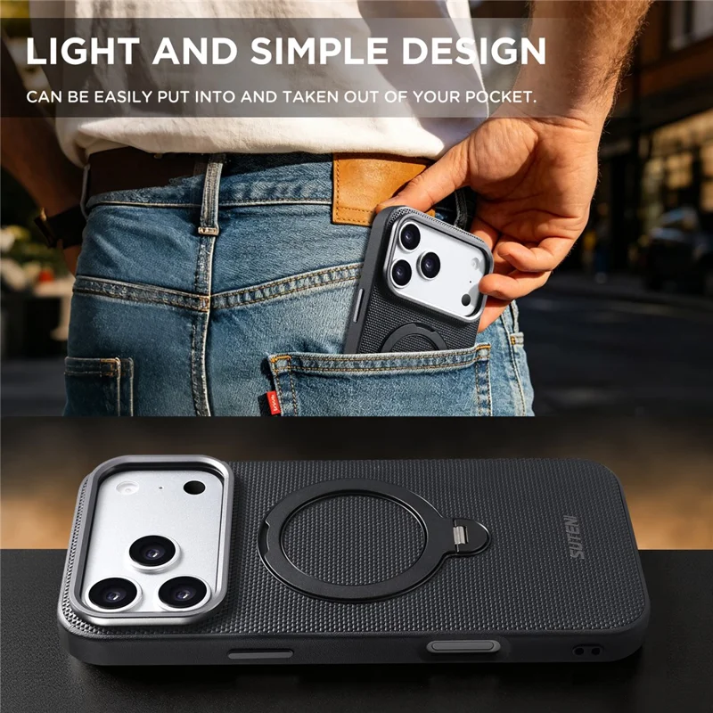 SUTENI G7 for iPhone 17 Pro Magnetic Case Rotating Kickstand Triangle Texture Leather + TPU Phone Cover - Black