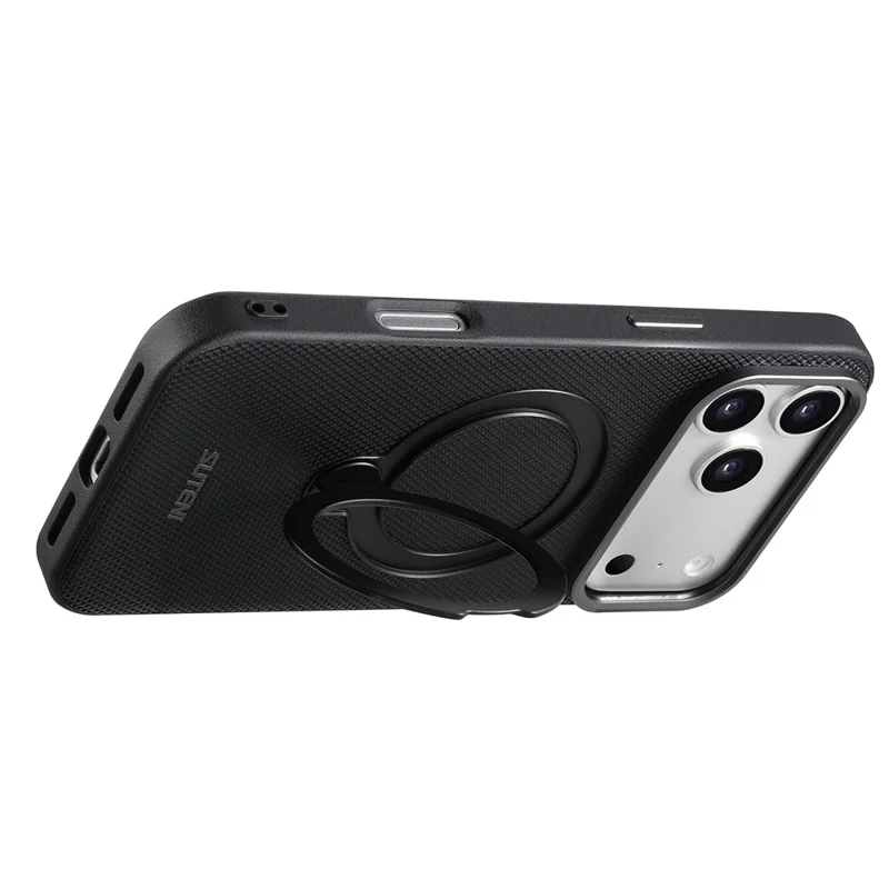 SUTENI G7 for iPhone 17 Pro Magnetic Case Rotating Kickstand Triangle Texture Leather + TPU Phone Cover - Black