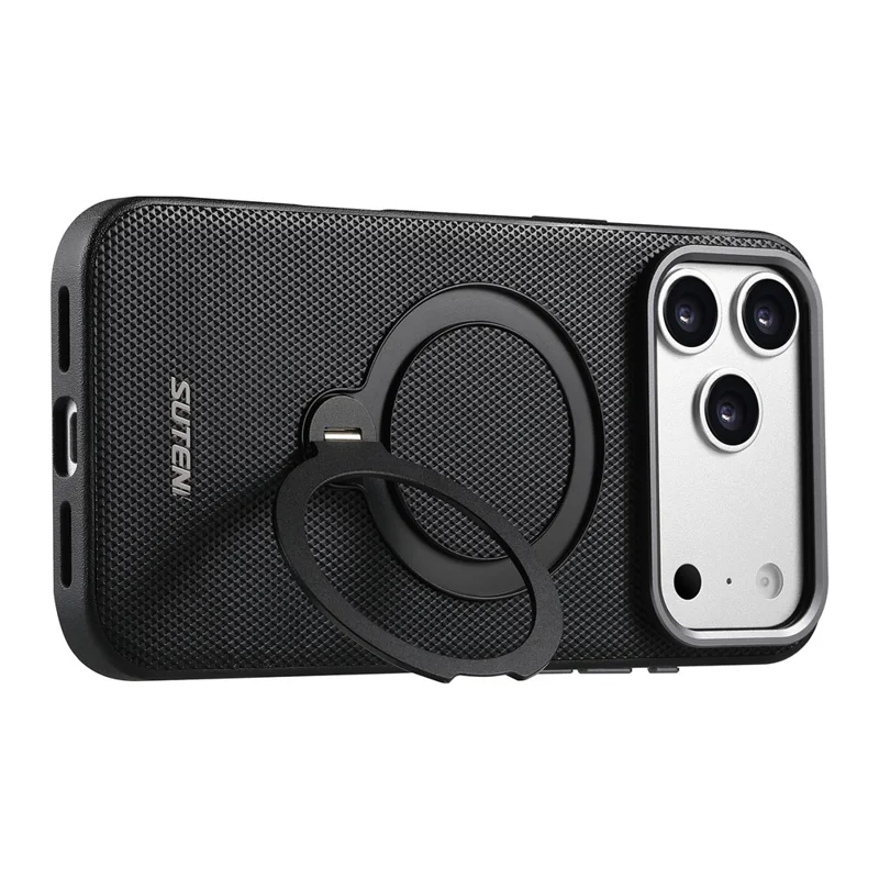 SUTENI G7 for iPhone 17 Pro Magnetic Case Rotating Kickstand Triangle Texture Leather + TPU Phone Cover - Black