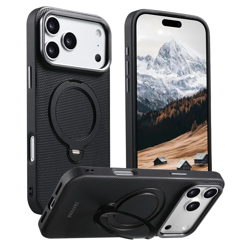 SUTENI G7 for iPhone 17 Pro Magnetic Case Rotating Kickstand Triangle Texture Leather + TPU Phone Cover - Black
