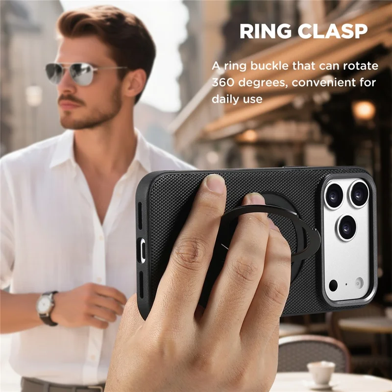 SUTENI G7 for iPhone 17 Pro Magnetic Case Rotating Kickstand Triangle Texture Leather + TPU Phone Cover - Black