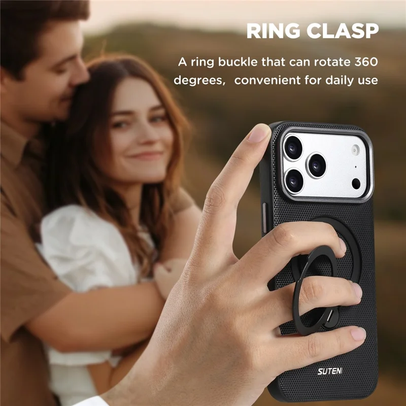 SUTENI G7 for iPhone 17 Pro Magnetic Case Rotating Kickstand Triangle Texture Leather + TPU Phone Cover - Black