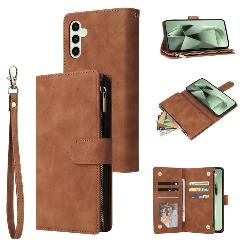 For Samsung Galaxy S26 FE Case Zipper Wallet Multiple Card Slots Leather Phone Cover with Wrist Strap - Brown