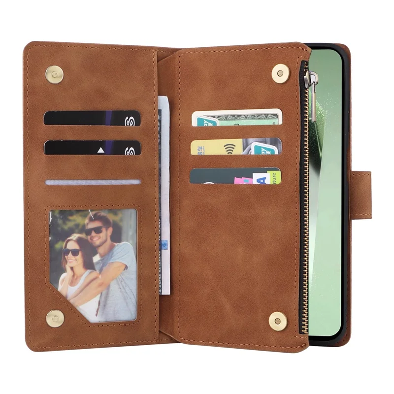 For Samsung Galaxy S26 FE Case Zipper Wallet Multiple Card Slots Leather Phone Cover with Wrist Strap - Brown