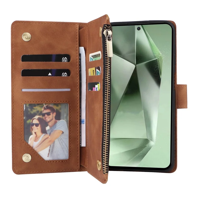 For Samsung Galaxy S26 FE Case Zipper Wallet Multiple Card Slots Leather Phone Cover with Wrist Strap - Brown