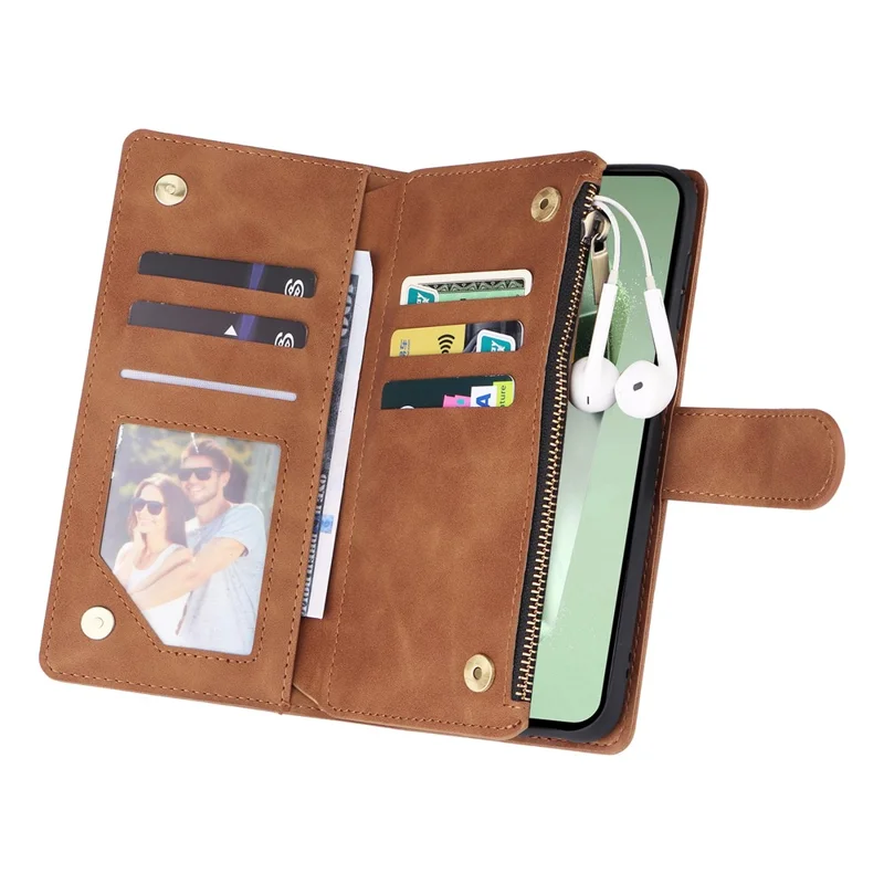 For Samsung Galaxy S26 FE Case Zipper Wallet Multiple Card Slots Leather Phone Cover with Wrist Strap - Brown
