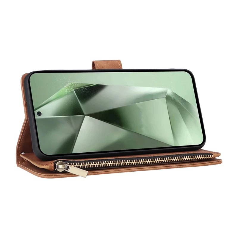 For Samsung Galaxy S26 FE Case Zipper Wallet Multiple Card Slots Leather Phone Cover with Wrist Strap - Brown