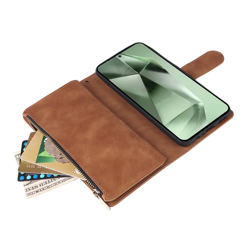 For Samsung Galaxy S26 FE Case Zipper Wallet Multiple Card Slots Leather Phone Cover with Wrist Strap - Brown