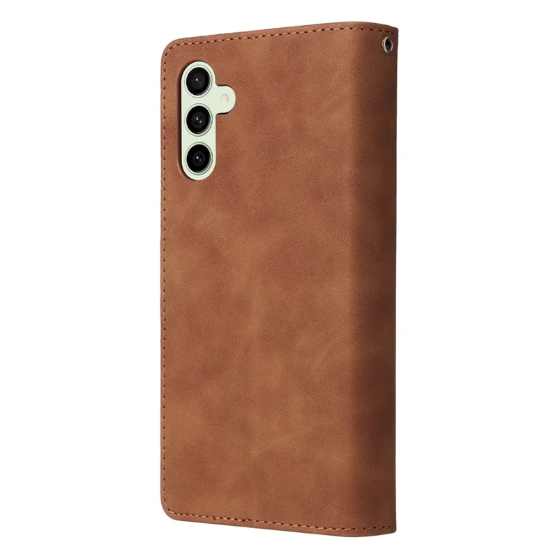 For Samsung Galaxy S26 FE Case Zipper Wallet Multiple Card Slots Leather Phone Cover with Wrist Strap - Brown