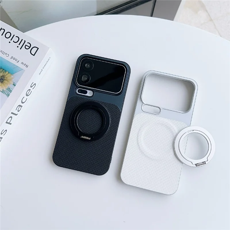 For Xiaomi 17 Pro Max Magnetic Case Ring Kickstand Tech Fabric Coated PC + TPU Phone Back Cover with Tempered Glass Screen Protector - Black