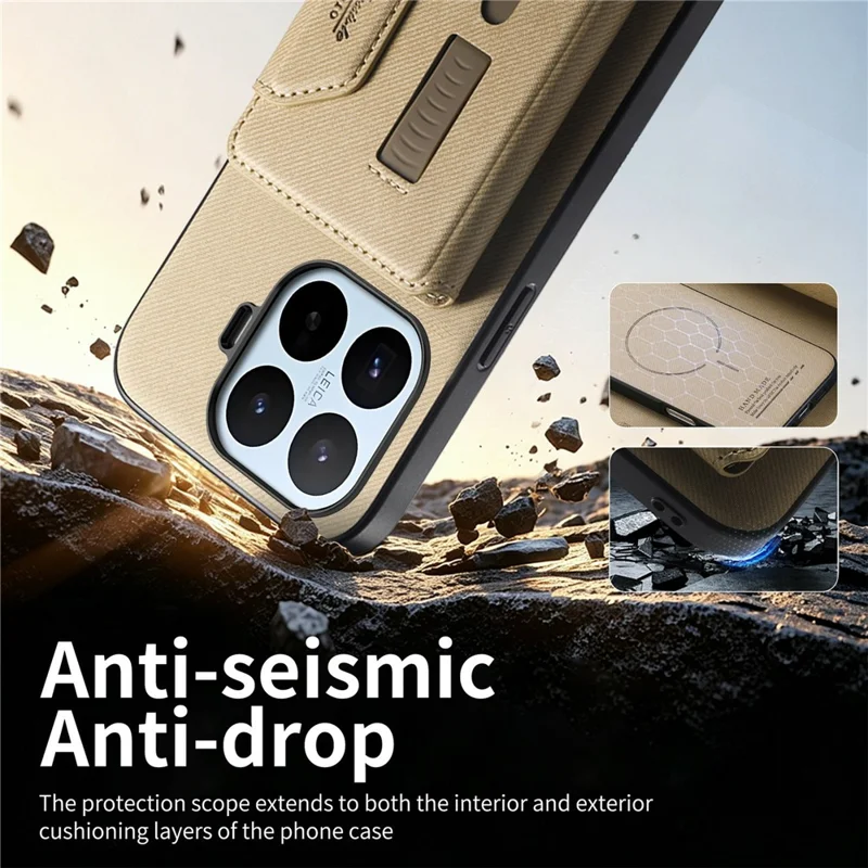 For Xiaomi 17T Magnetic Case PU Leather + PC + TPU Anti-Scratch Back Cover with Detachable Card Holder - Khaki