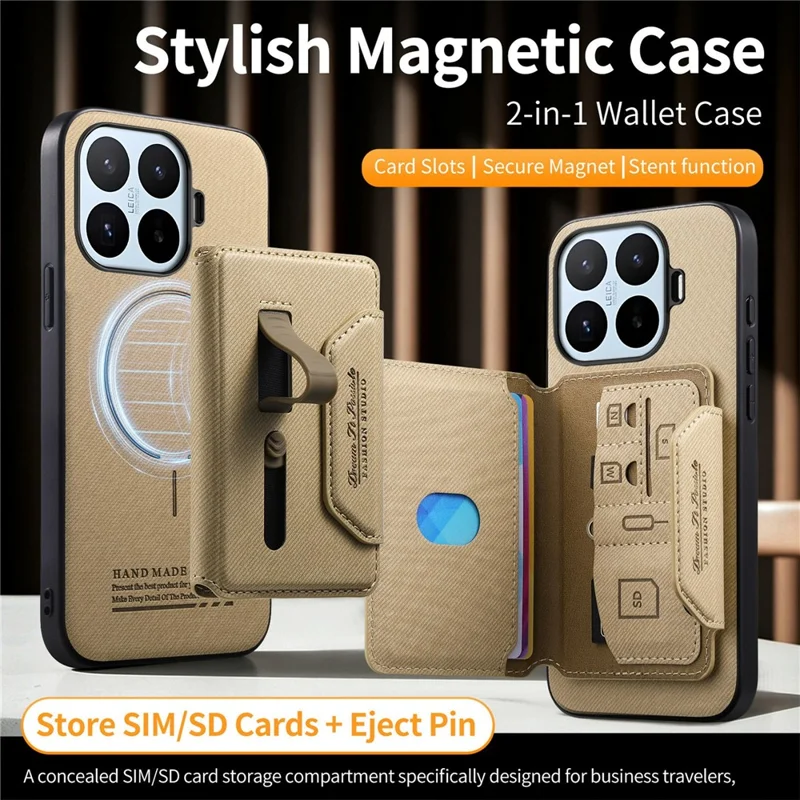For Xiaomi 17T Magnetic Case PU Leather + PC + TPU Anti-Scratch Back Cover with Detachable Card Holder - Khaki