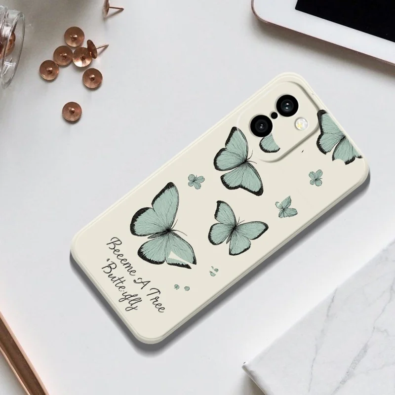 For OnePlus 15R 5G  /  Ace 6T 5G Case Green Butterfly Pattern Printing Straight Edge TPU Phone Back Cover - Beige