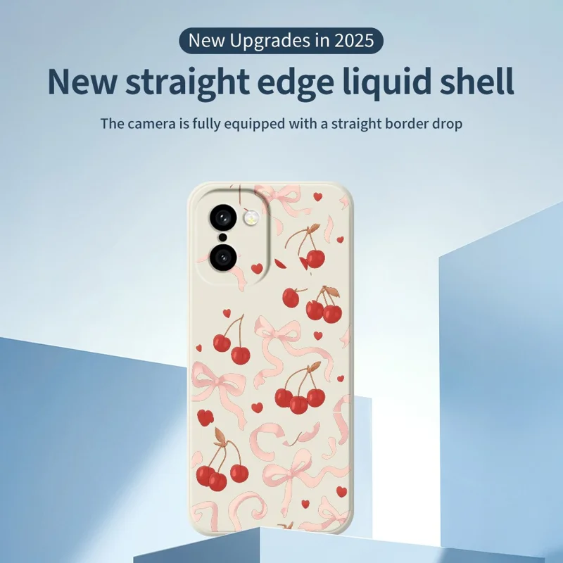 Für OnePlus 15R 5G / Ace 6T 5G Hülle mit großem Schleifen-Kirsch-Design, gerader Rand, TPU-Handyhülle - Beige