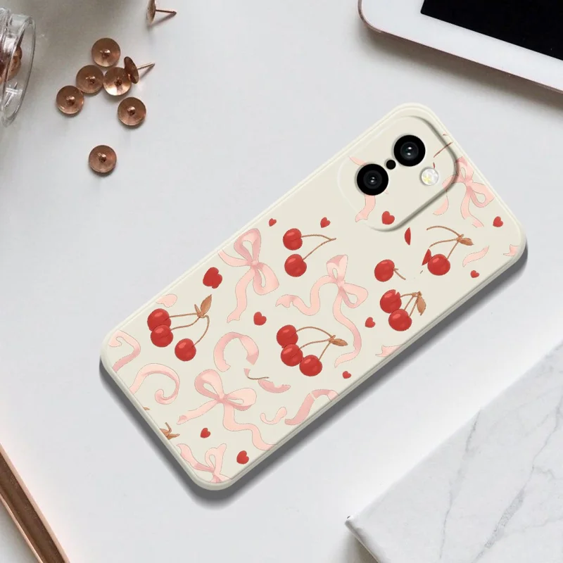 Für OnePlus 15R 5G / Ace 6T 5G Hülle mit großem Schleifen-Kirsch-Design, gerader Rand, TPU-Handyhülle - Beige