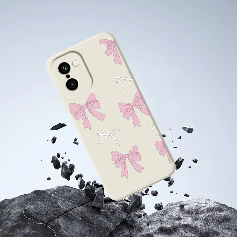 Für OnePlus 15R 5G / Ace 6T 5G Hülle, Rosa Schleifenmuster, Druck, gerader Rand, TPU-Handyhülle, Rückseite – Beige