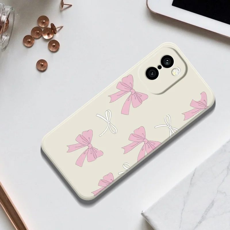 Für OnePlus 15R 5G / Ace 6T 5G Hülle, Rosa Schleifenmuster, Druck, gerader Rand, TPU-Handyhülle, Rückseite – Beige