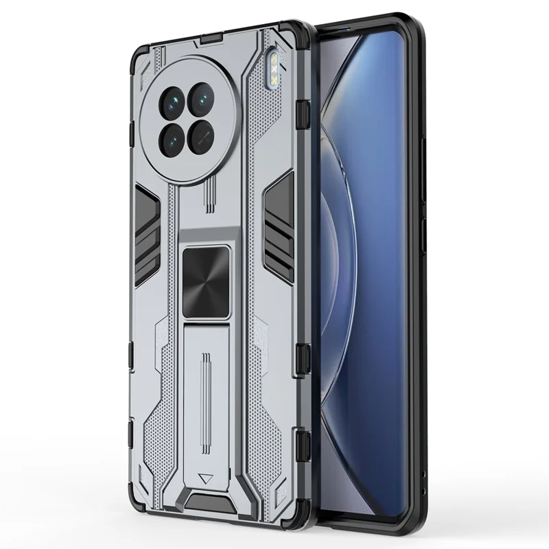For vivo X90 5G Hard PC Soft TPU Dual Layer Anti-Drop Phone Case Camera Protection Kickstand Cover - Grey